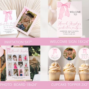 May include: Pink and white graduation party printable set with a bow design. Includes an invitation, welcome sign, photo board, and cupcake toppers. The invitation is 5x7 inches, the welcome sign is 18x24 inches, the photo board is 18x24 inches, and the cupcake toppers are 2x2 inches.