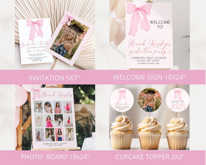 May include: Pink and white graduation party printable set with a bow design. Includes an invitation, welcome sign, photo board, and cupcake toppers. The invitation is 5x7 inches, the welcome sign is 18x24 inches, the photo board is 18x24 inches, and the cupcake toppers are 2x2 inches.