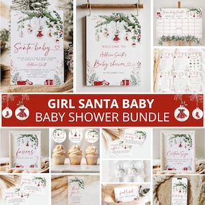 Puede incluir: Un paquete de baby shower imprimible con temática navideña. El paquete incluye un cartel de bienvenida, una invitación, tarjetas de agradecimiento, adornos para cupcakes, etiquetas de regalo y más. El diseño presenta un esquema de color rojo y blanco con una ilustración de una niña bebé vestida de Santa Claus.