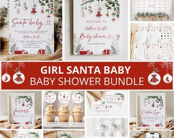 Może przedstawiać: Zestaw do baby shower do wydrukowania w świątecznym stylu. Zestaw zawiera tabliczkę powitalną, zaproszenie, kartki z podziękowaniami, ozdoby na babeczki, etykiety na upominki i wiele innych. Projekt utrzymany jest w czerwono-białej kolorystyce i zawiera ilustrację dziewczynki w stroju Świętego Mikołaja.