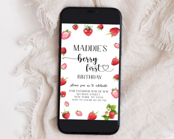 Berry First Birthday Invitation Digital, Berry First Party Invitation, Berry First Invite, Strawberry Birthday Invitation, Berry Evite