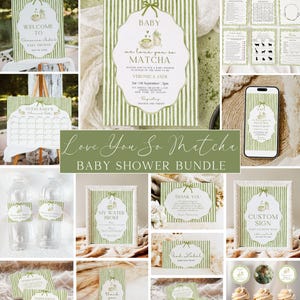 Könnte beinhalten: Ein Babyparty-Papeterie-Set mit grün-weißem Streifenmuster und Matcha-Tee-Illustrationen. Das Set enthält Einladungen, Spiele, Wasserflaschenetiketten, Lebensmittelschilder, Dankeskarten und Cupcake-Topper mit Text.