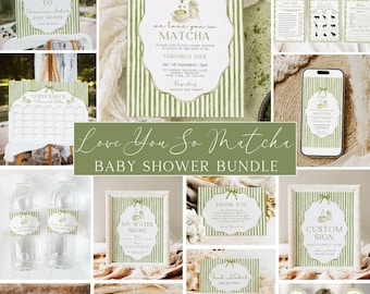 We Love You So Matcha Baby Shower Bundle, Stripe Baby is Brewing Baby Shower, Matcha themed Baby Shower, Baby Shower Decor, Canva Templates