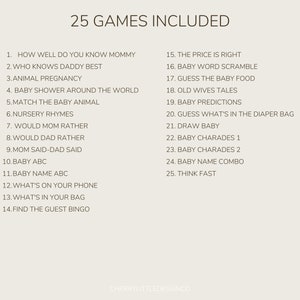 Puede incluir: Una lista de 25 juegos para una fiesta de bienvenida al beb&eacute;, que incluyen "&iquest;Qu&eacute; tan bien conoces a mam&aacute;?" y "Adivina qu&eacute; hay en la bolsa de pa&ntilde;ales?" La lista est&aacute; impresa en texto negro sobre un fondo blanco.