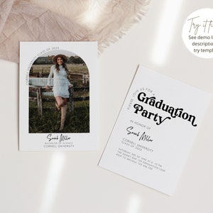 Peut inclure: Une invitation &agrave; une f&ecirc;te de graduation avec une photo d'une femme en robe blanche et chapeau marron. L'invitation est pour une f&ecirc;te de graduation pour Sarah Miller, Cornell University, promotion 2023. La f&ecirc;te aura lieu le samedi 3 juin &agrave; 22h au Sunset Bar, 125 Graduation Lane. Veuillez confirmer votre pr&eacute;sence &agrave; Melissa au 123 436 700.