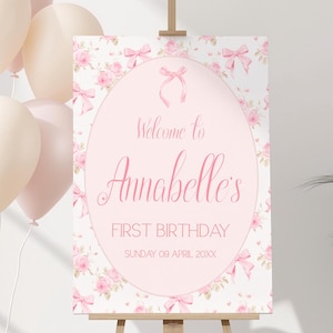 Pink Bow Birthday Welcome Sign, Floral Pink Bow First Birthday Decorations, Pink Bow Party Decor, Girl Birthday, Pink Bow Birthday, Template