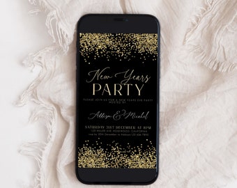 May include: A black and gold digital invitation for a New Years Eve party hosted by Allison & Micahel. The invitation features a black background with gold confetti and the text "New Years Party".