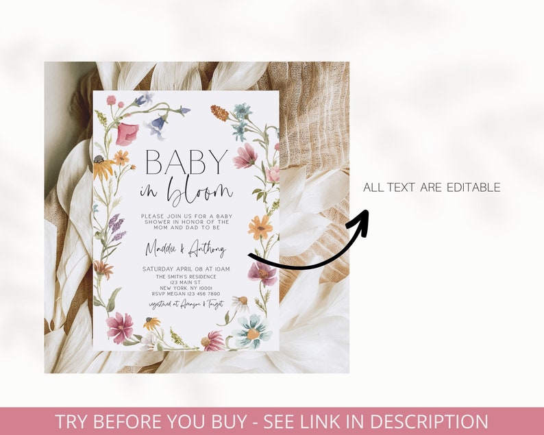 Op de afbeelding: Een bloemige babyshower-uitnodiging met een aquarelkrans van bloemen en de tekst "Baby in Bloom". De uitnodiging bevat de namen "Maddie & Anthony", de datum "Zaterdag 8 april om 10:00 uur", de locatie "The Smith's Residence 123 Main St New York, NY 10001", en de RSVP-informatie "RSVP Megan 123 456 7890 registrant at Amazon & Target". De tekst "ALL TEXT ARE EDITABLE" is ook op de uitnodiging opgenomen.