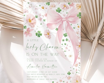 Pink Bow Lucky Charm Baby Shower Invitation, St Patrick's Baby Shower Invitation, Shamrock Baby Shower, Girl, Pastel Flowers, Template