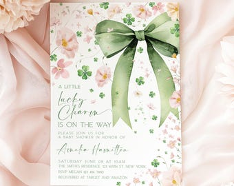 Green Bow Lucky Charm Baby Shower Invitation, St Patrick's Baby Shower Invitation, Shamrock Baby Shower, Girl, Pastel Flowers, Template