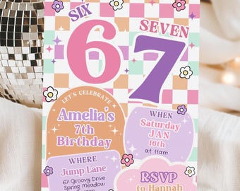 Invitation anniversaire 6-7 ans, invitation anniversaire 6-7, invitation 7e anniversaire, thème rétro, modèle toile 5 x 7"