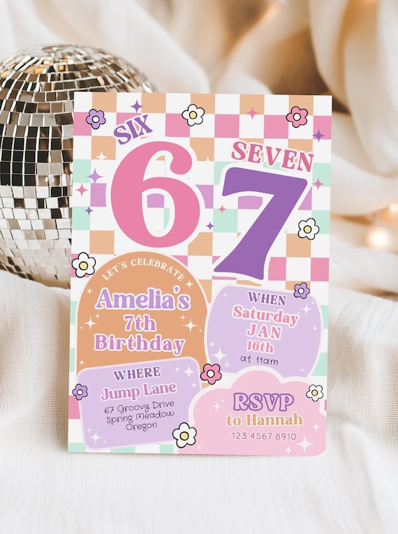6 7 Birthday Invitation, 6-7 Birthday Invite, 7th Birthday Invite, Retro Theme, 5x7" Canva Template