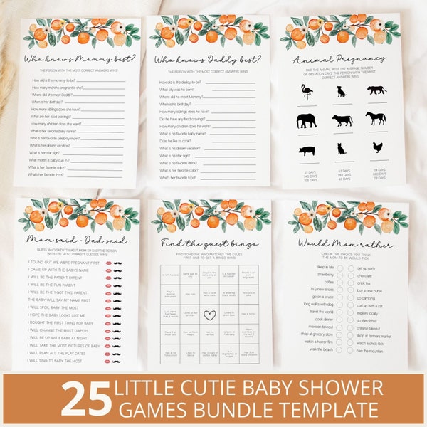 Little Cutie Baby Shower Games Bundle, A little Cutie is on the Way Games, Neutral Baby Shower, Citrus Baby Shower, Editable Games Bundle
