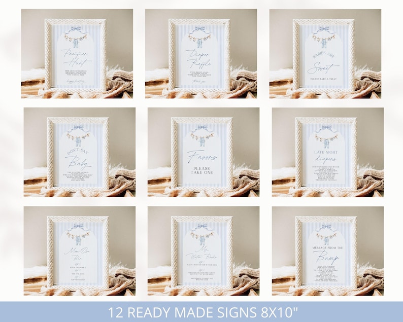 Kit per baby shower a tema "Dolce maschietto", Un dolce maschietto in arrivo, Strisce, Decorazioni, Cartello di benvenuto, Giochi, Modelli Canva immagine 5