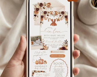 May include: A digital baby shower invitation template displayed on a smartphone screen, featuring a fall-themed design with pumpkins, floral arrangements, and baby clothes. The text includes "We're falling in love with Baby Miller" and RSVP details.