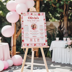 May include: A pink and white gingham and strawberry-themed first birthday sign with a photo of a girl. The sign includes the girl's name, Olivia, and her birthdate. It also lists her firsts, favorites, and current stats, including her weight, height, and number of teeth.