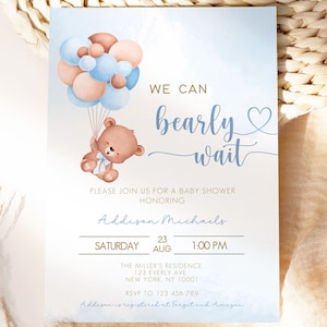 Modello di invito per baby shower Bearly Wait, invito per baby shower Bearly Wait, invito per baby shower con orso blu, modello, invito modificabile