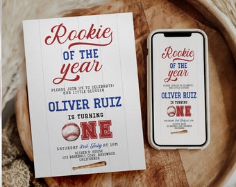 Rookie of the Year 1st Birthday Invitation, Baseball 1st Birthday Invite, Baseball Birthday Invitation, Little Slugger, Evite, Template