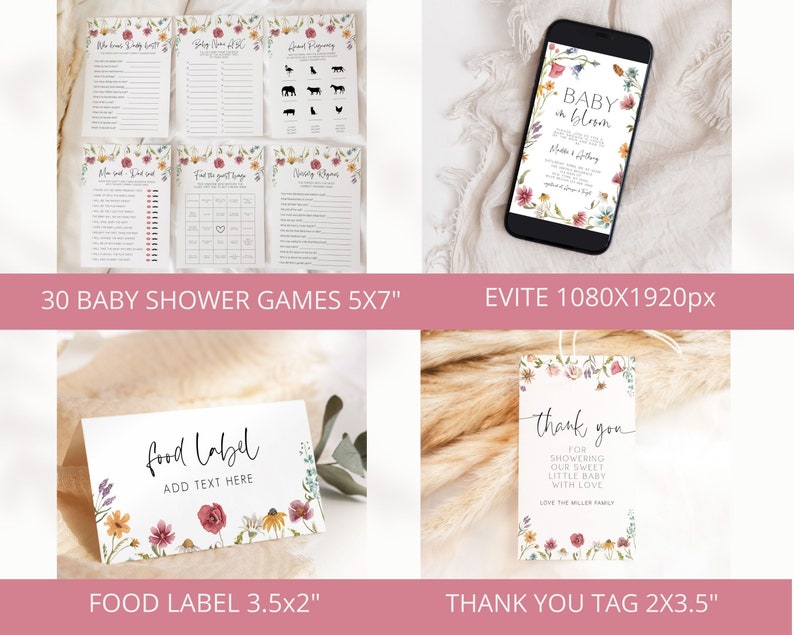 Wildflower babyshower uitnodigingsbundel, baby in bloei babyshower bundel, baby in bloei uitnodigen, wilde bloemen babyshower decor, uitnodiging afbeelding 3