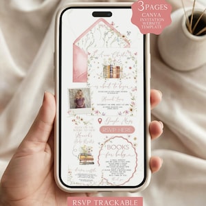 Puede incluir: Una plantilla de invitación digital mostrada en la pantalla de un teléfono inteligente con un tema floral y de libros. El diseño incluye texto como A New Chapter, RSVP HERE y BOOKS for baby, con acentos de acuarela rosa suave e ilustraciones botánicas.