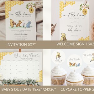 May include: Winnie the Pooh themed baby shower decorations, including a 5x7 inch invitation, a 16x20 inch welcome sign, an 18x24 inch guess the baby's due date calendar, and 2x2 inch cupcake toppers. The decorations feature a yellow honeycomb pattern and illustrations of Winnie the Pooh, Tigger, Piglet, and Eeyore.