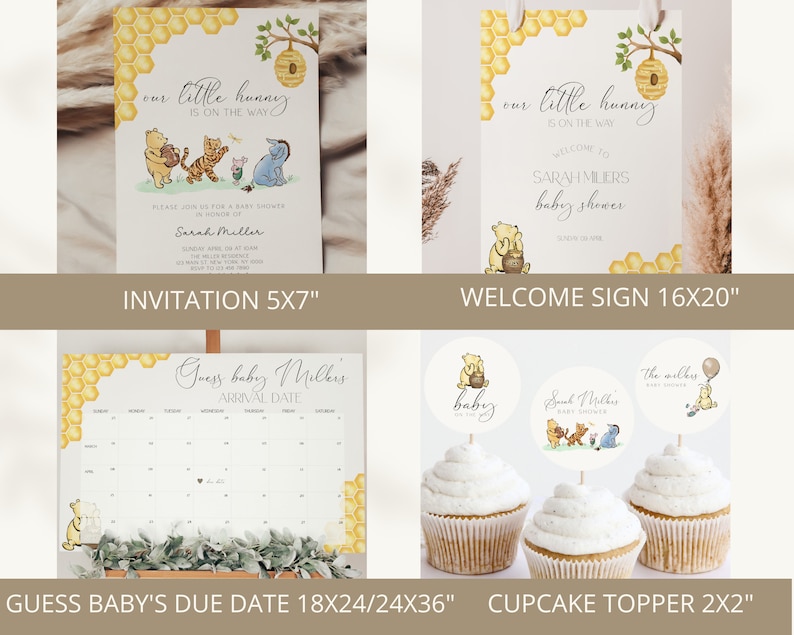 May include: Winnie the Pooh themed baby shower decorations, including a 5x7 inch invitation, a 16x20 inch welcome sign, an 18x24 inch guess the baby's due date calendar, and 2x2 inch cupcake toppers. The decorations feature a yellow honeycomb pattern and illustrations of Winnie the Pooh, Tigger, Piglet, and Eeyore.
