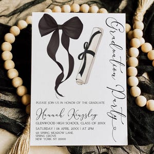 Black Bow Graduation Party Invitation, Graduation Invitation Template, Graduation Announcement, Graduation invitation, Photo, Canva Template