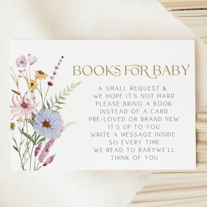 Lente bloemen boeken voor babykaart, Wildflower baby shower boekenkaart, baby shower boeken voor babykaart, bewerkbare sjabloon
