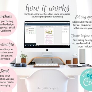 K&ouml;nnte beinhalten: Ein wei&szlig;er Desktop-Computer mit einem Bildschirm, der eine rosa und goldene Babyparty-Einladung mit dem Text "Twinkle Twinkle Little Star" zeigt. Der Text "How it Works" befindet sich oben im Bild. Der Text "Personalize with Corjl" befindet sich unten im Bild.
