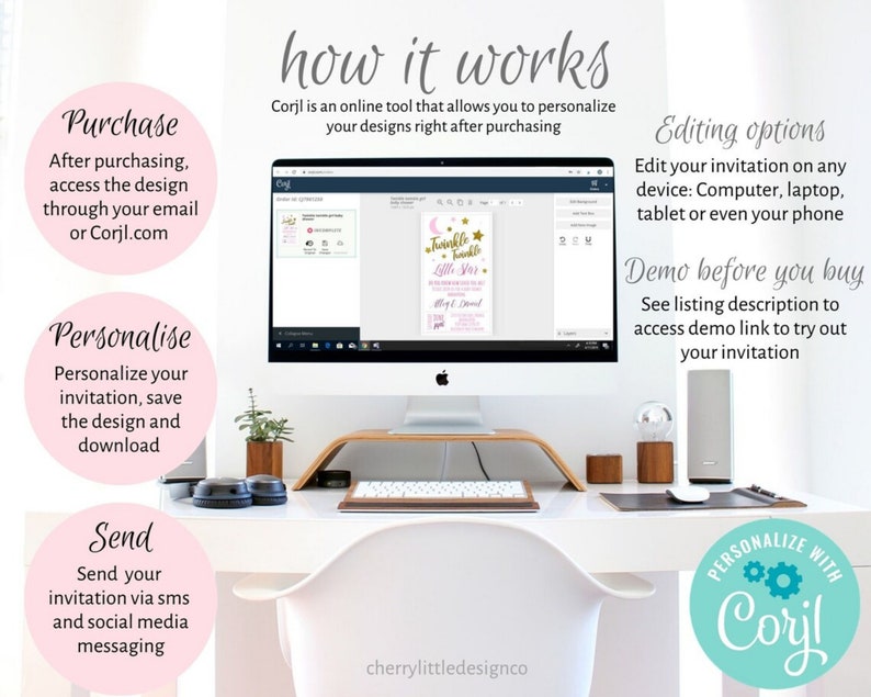 K&ouml;nnte beinhalten: Ein wei&szlig;er Desktop-Computer mit einem Bildschirm, der eine rosa und goldene Babyparty-Einladung mit dem Text "Twinkle Twinkle Little Star" zeigt. Der Text "How it Works" befindet sich oben im Bild. Der Text "Personalize with Corjl" befindet sich unten im Bild.
