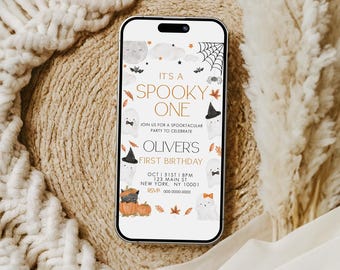 Halloween 1st Birthday Evite, Digital Halloween First Birthday, Neutral Halloween Birthday, Boy Halloween Invitation, Spooky One, Template