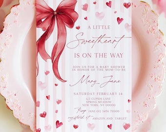 Little Sweetheart Baby Shower Invitation, Valentine Baby Shower Invite, Stripe Bow Sweetheart Baby Shower Invite, 5x7", Canva Template