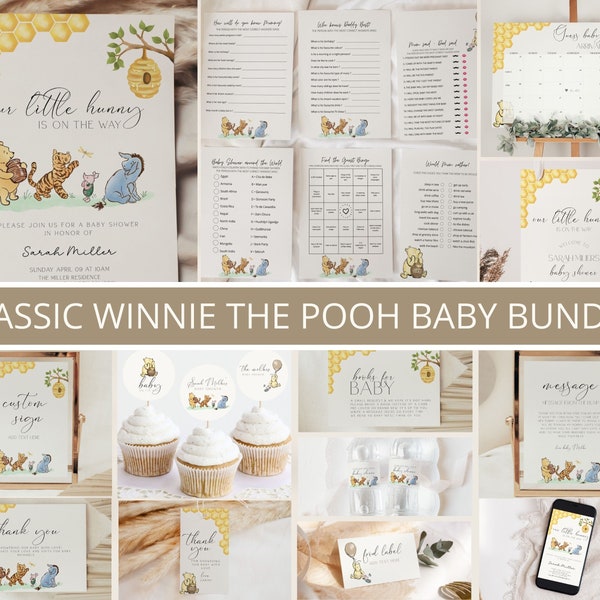 Klassisches Winnie the Pooh Babyparty-Einladungspaket, Winnie the Pooh Baby Babyparty-Paket, kleine Hunny-Einladung, bearbeitbare Vorlage