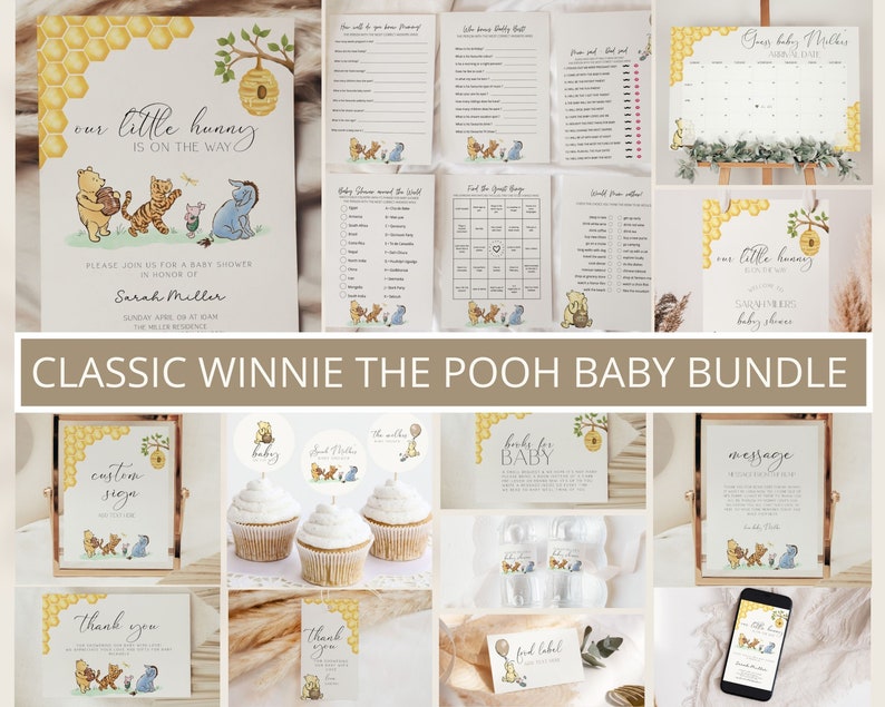 May include: A Winnie the Pooh themed baby shower bundle with a variety of printable items, including invitations, games, and decorations. The items feature Winnie the Pooh, Piglet, Tigger, and Eeyore characters in a yellow and brown colour scheme.