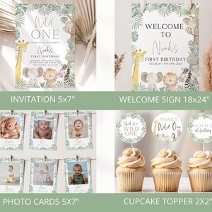 May include: A set of printable party decorations for a first birthday party with a jungle animal theme. The set includes an invitation, a welcome sign, photo cards, and cupcake toppers. The colors are green, brown, and white. The text on the invitation says "Wild One" and "Noah's First Birthday". The text on the welcome sign says "Welcome to Noah's First Birthday". The photo cards have a jungle animal border and the cupcake toppers have a jungle animal design.