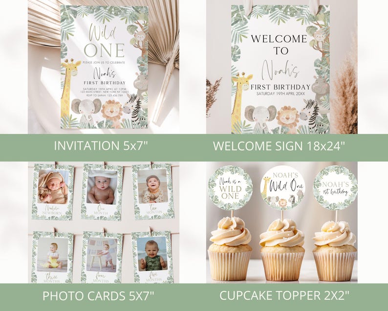 May include: A set of printable party decorations for a first birthday party with a jungle animal theme. The set includes an invitation, a welcome sign, photo cards, and cupcake toppers. The colors are green, brown, and white. The text on the invitation says "Wild One" and "Noah's First Birthday". The text on the welcome sign says "Welcome to Noah's First Birthday". The photo cards have a jungle animal border and the cupcake toppers have a jungle animal design.