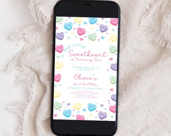 Editable Valentine 1st Birthday Invitation, Little Sweetheart, Valentine Birthday Invitation, Conversation Hearts Valentines 1st Birthday