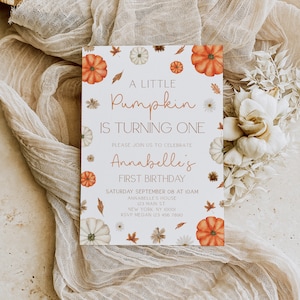 小さなカボチャの誕生日招待状、カボチャの1歳の誕生日招待状、小さなカボチャが1歳になる招待状、秋の女の子の誕生日招待状