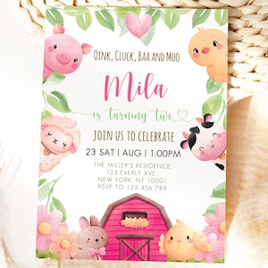 Girl Farm Birthday Invitation, Oink Baa Moo I&#39;m Two Invitation, Girl Barnyard Birthday, Pink Farm Birthday Invitation, Barnyard Birthday