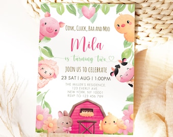 Girl Farm Birthday Invitation, Oink Baa Moo I'm Two Invitation, Girl Barnyard Birthday, Pink Farm Birthday Invitation, Barnyard Birthday