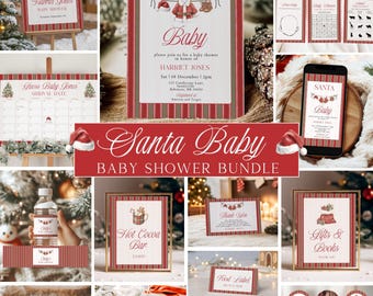 Santa Baby Shower Bundle, Stripe Santa Hat Baby Shower, Christmas Baby Shower, Winter Baby Shower, Baby Shower Decor, Canva