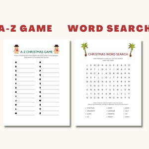 Op de afbeelding: Twee afdrukbare kerstspelbladen. Het eerste blad is een A-Z-spel met een sneeuwpopillustratie. Het tweede blad is een woordzoekspel met een kerstboomillustratie. Het woordzoekspel bevat woorden als "limonade", "versieringen", "cadeaus", "familie", "vreugde", "Kerstman" en "vrolijk".
