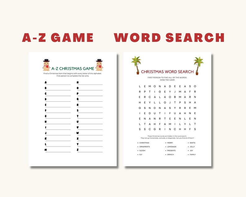 Op de afbeelding: Twee afdrukbare kerstspelbladen. Het eerste blad is een A-Z-spel met een sneeuwpopillustratie. Het tweede blad is een woordzoekspel met een kerstboomillustratie. Het woordzoekspel bevat woorden als "limonade", "versieringen", "cadeaus", "familie", "vreugde", "Kerstman" en "vrolijk".