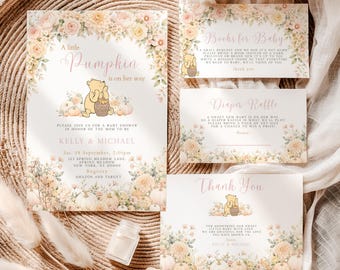 Pooh Little Pumpkin Shower Invitation Suite, Floral Pumpkins, Fall Winnie the Pooh Baby Shower, Books for Baby, Thank you, Canva Template