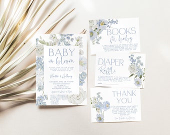 Blue Baby in Bloom Invitation Set, Blue Baby in Bloom Baby Shower, Baby in Bloom, Theme Baby Shower Invitation, Boy, Baby Shower Template