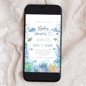 May include: A blue and white baby shower invitation with a whale, dolphin, turtle, and starfish. The invitation says "Please join us for a Baby Shower" and includes the names "Kelsi & Matt" and the date and time of the event.