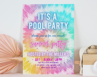 Puede incluir: Una invitación colorida de tie-dye para una fiesta en la piscina. La invitación dice "It's a Pool Party" y "Please join us for our annual summer party". La invitación también incluye la fecha, la hora y la ubicación de la fiesta.