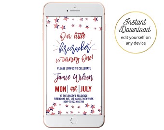 4th of July 1st Birthday, 4th of July Birthday Invitation, 4th of July Birthday Invite, Instant Download, Editable, Digital Invite, Evite