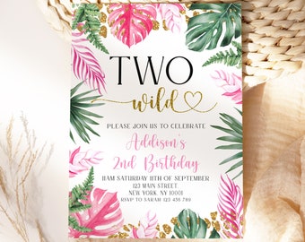 Two Wild Birthday Invitation Girl, Two Wild Birthday Invitation, Two Wild Invitation Pink Gold, Editable Two Wild Invitation, Tropical Pink