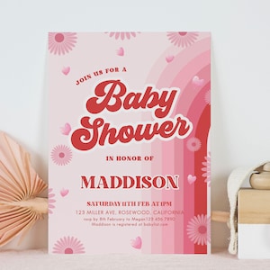 Groovy Valentine Baby Shower Invitation, Valentines Baby Shower Invite, Heart Baby Shower Invitation Template, Retro Valentine Editable